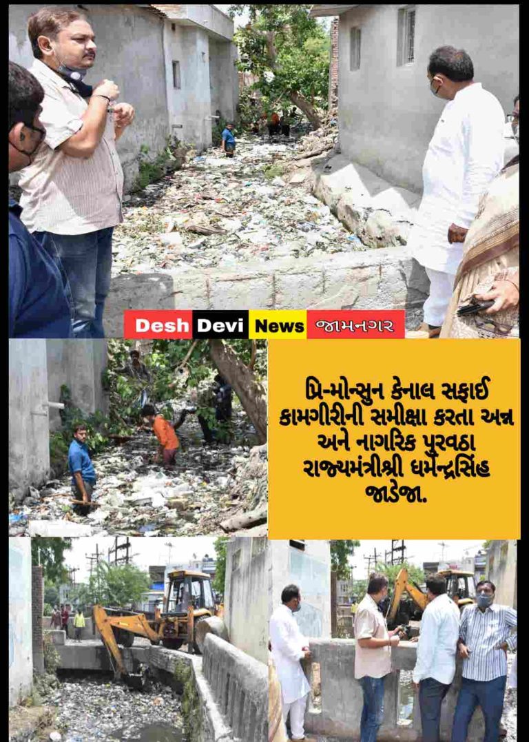 પ્રિ-મોન્સુન કેનાલ સફાઈ કામગીરીની સમીક્ષા કરતા અન્ન અને નાગરિક પુરવઠા રાજ્યમંત્રી ધર્મેન્દ્રસિંહ જાડેજા.